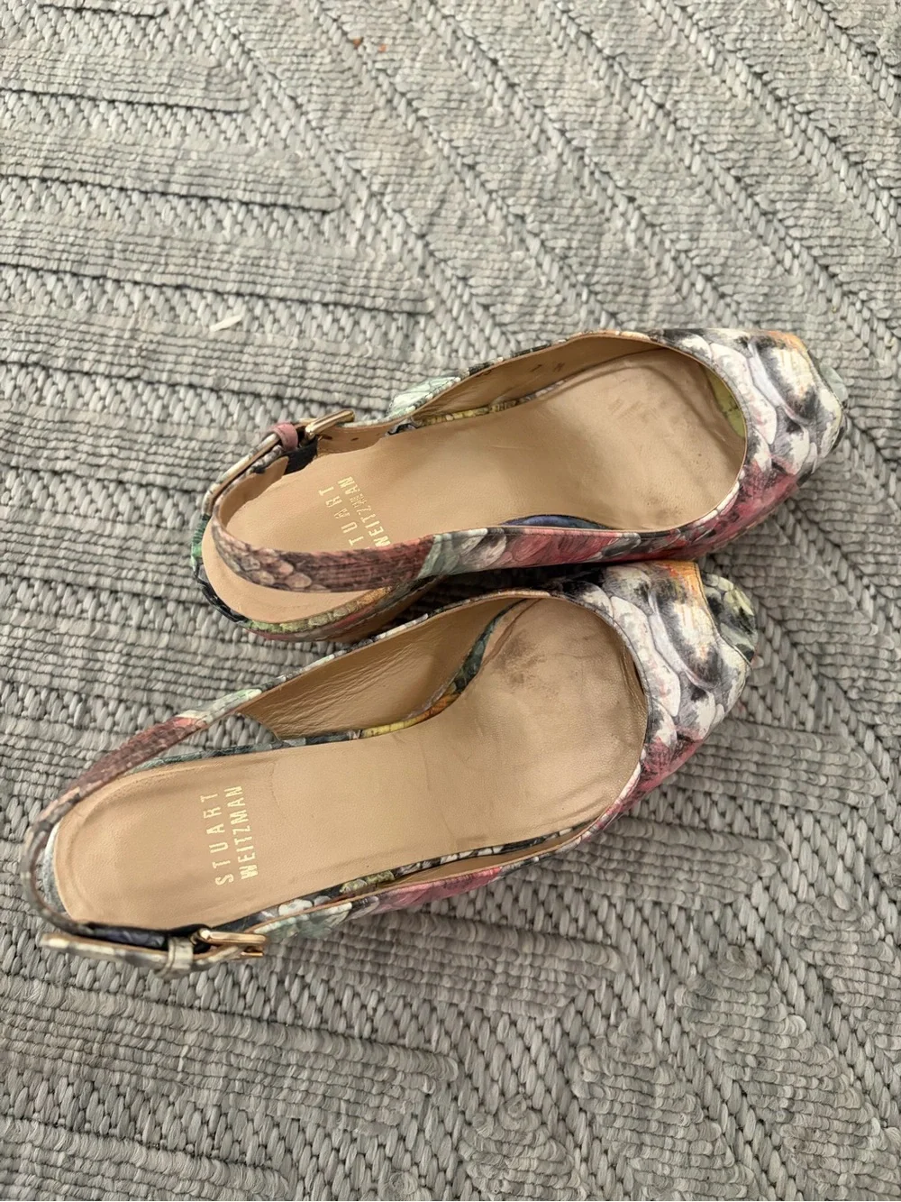 Stuart Weitzman Floral Multicolor Peep-Toe Slingback Heels